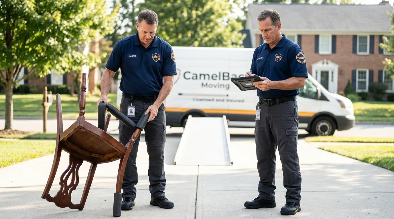 Movers inspecting furniture for damage prevention before loading in Sylvania, GA