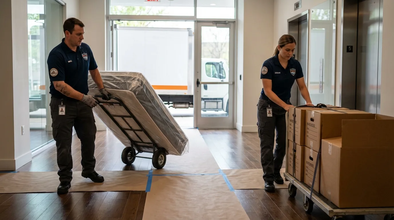 Professional apartment movers loading elevator in Sylvania, GA