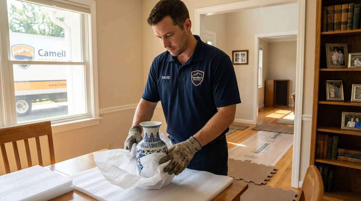 Professional crew carefully wrapping antique vase for senior downsizing move in Sylvania, GA